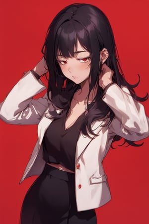 1girl, solo, long hair, looking at viewer, bangs, skirt, shirt, black hair, red eyes, long sleeves, cleavage, collarbone, jacket, white shirt, cowboy shot, open clothes, black skirt, coat, black jacket, red background, pencil skirt, hand in own hair, hand on own head,girl