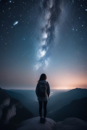 A beautiful starry night sky with a girl standing with her back turned, admiring the celestial display. The image should be a photograph capturing the breathtaking beauty of the night sky. The stars should be shining brightly, and constellations should be visible. The girl should be silhouetted against the night sky, with her posture conveying awe and wonder. The background should be a natural outdoor setting, enhancing the sense of immersion. The camera shot should be a medium shot, framing both the girl and the expansive night sky. The lens used should be a wide-angle lens to capture the vastness of the cosmos. The image should have high resolution, showcasing the fine details of the stars. Lighting should be natural, with the stars providing gentle illumination. The final result should be a realistic portrayal of a girl admiring the starry night sky, evoking a sense of wonder and tranquility.