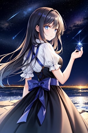 A beautiful starry night sky with a girl standing with her back turned, admiring the celestial display. The image should be a photograph capturing the breathtaking beauty of the night sky. The stars should be shining brightly, and constellations should be visible. The girl should be silhouetted against the night sky, with her posture conveying awe and wonder. The background should be a natural outdoor setting, enhancing the sense of immersion. The camera shot should be a medium shot, framing both the girl and the expansive night sky. The lens used should be a wide-angle lens to capture the vastness of the cosmos. The image should have high resolution, showcasing the fine details of the stars. Lighting should be natural, with the stars providing gentle illumination. The final result should be a realistic portrayal of a girl admiring the starry night sky, evoking a sense of wonder and tranquility.
