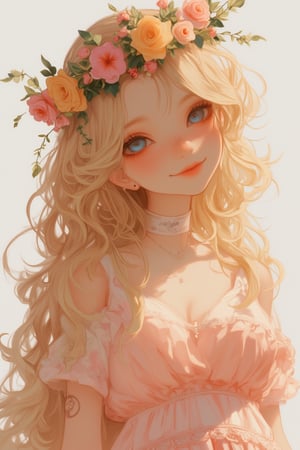 Princess with long, wavy golden hair that falls gently over her shoulders. Her blue eyes shine with a warm, kind light, and her smile can light up an entire room. She wears a pale pink silk dress, adorned with delicate lace, and a crown of fresh flowers on her head. Her figure is slender and elegant, with a regal bearing that makes her stand out anywhere.