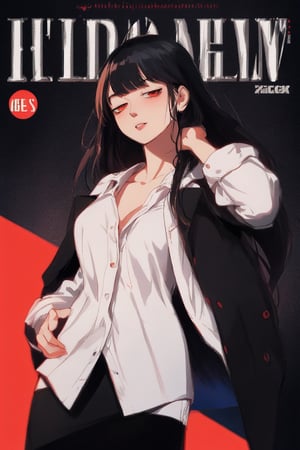 1girl, solo, long hair, looking at viewer, bangs, skirt, shirt, black hair, red eyes, long sleeves, cleavage, collarbone, jacket, white shirt, cowboy shot, open clothes, black skirt, coat, black jacket, red background, pencil skirt, hand in own hair, hand on own head,girl,magazine cover