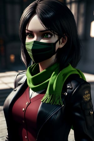 perfect face, perfect facial features, a serious-looking lady with black hair, dark jacket and green scarf, cloth face mask, anime 3d, unreal engine, style expressive