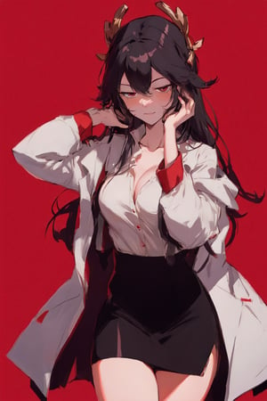 1girl, solo, long hair, looking at viewer, bangs, skirt, shirt, black hair, red eyes, long sleeves, cleavage, collarbone, jacket, white shirt, cowboy shot, open clothes, black skirt, coat, black jacket, red background, pencil skirt, hand in own hair, hand on own head,Yae miko