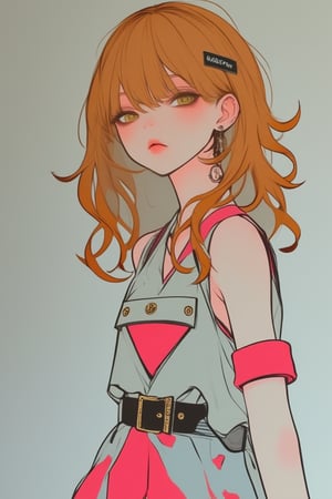 A 16-year-old girl with a slim figure and average height. She has platinum reddish hair and bright amber eyes. Her skin is pale, with a hint of tan. She wears a white and pink designer dress, with a black leather belt. Her appearance is that of a privileged person, but her expression is one of boredom and discontent.