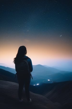 A beautiful starry night sky with a girl standing with her back turned, admiring the celestial display. The image should be a photograph capturing the breathtaking beauty of the night sky. The stars should be shining brightly, and constellations should be visible. The girl should be silhouetted against the night sky, with her posture conveying awe and wonder. The background should be a natural outdoor setting, enhancing the sense of immersion. The camera shot should be a medium shot, framing both the girl and the expansive night sky. The lens used should be a wide-angle lens to capture the vastness of the cosmos. The image should have high resolution, showcasing the fine details of the stars. Lighting should be natural, with the stars providing gentle illumination. The final result should be a realistic portrayal of a girl admiring the starry night sky, evoking a sense of wonder and tranquility.