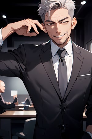 (businessman clothing),  (short gray hair),  (short hairstyle),  brown_eyes,  bright eyes,  businessman style custom,  (expressive eyes),  sharpest quality,  extremely detailed,  high resolution, 1 man,  (happy_expression), evil smile, (free_attitude),  luxurious office background,  bright atmosphere.