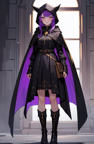 absurdres, (full-body), highres, ultra detailed, (1girl:1.3),BREAK, murderess dress, purple shadow aura, huntress dress, dark cape with hood and gold details, leather boots