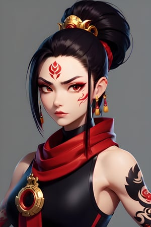 Full-length portrait of ivory-skinned athletic Japanese woman with high ponytail and red scarf, angular features and fierce brown eyes. Toned body covered in Irezumi tattoos, with dragons and flowers on his arms and back. She wears a black outfit and gold accessories, highlighting the beautiful elegance of her bearing.