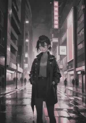 A gangster girl with a sarcastic expression and a maniac smile, standing in a dimly lit city at night, neon lights reflecting off wet pavement, casting an eerie, cinematic glow