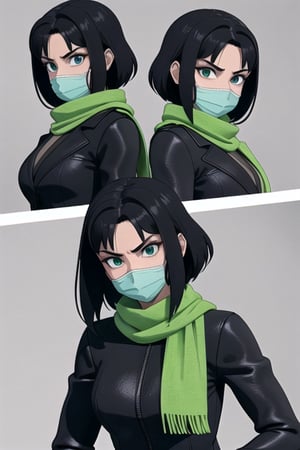 A serious-looking lady with black hair,  dark jacket and green scarf,  cloth face mask,  anime 3d,  unreal engine,  style expressive