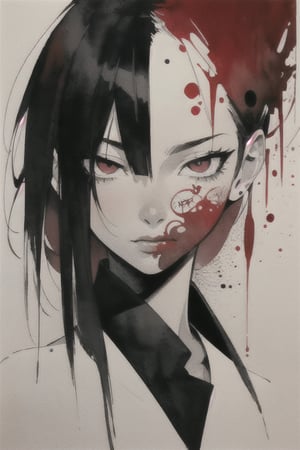 aesthetic, 2 tone, black and white, simplified shapes, figurative, style mix of watercolor, photography, digital art,  brush strokes, dark red color pop, a gorgeous young asian girl, highly detailed , ultra detailed, very intricate, low poly, abstract surreal, Kanji, Katakana, niji style, graffiti style, comics style, anime style 