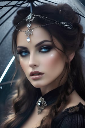 stunning,  fantasy,  victorian london market,  gorgeous, perfect eyes, detailed eyes,  stunningly beautiful young woman,  foggy,  rain,  Victoria Frances,  luis royo,  (french:0.3,  italian:0.3,  Romanian:0.4),  dark,  gothic,  smokey eyeshadow,  moody lighting,  tranquil,  calm,  moonglow,  glowing,  mystical,  magical,  rim lighting,  moonbeam,  soft lighting,  sparkle,  glittering