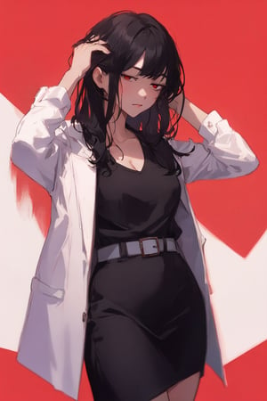 1girl, solo, long hair, breasts, looking at viewer, bangs, skirt, shirt, black hair, red eyes, long sleeves, cleavage, collarbone, jacket, white shirt, cowboy shot, open clothes, black skirt, coat, black jacket, red background, pencil skirt, hand in own hair, hand on own head