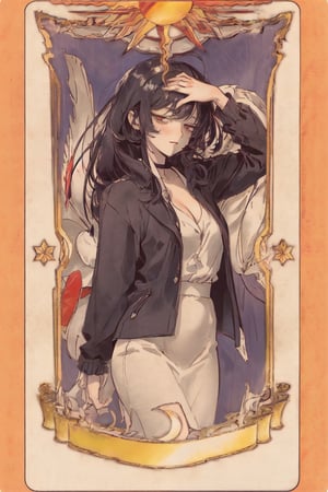 1girl, solo, long hair, looking at viewer, bangs, skirt, shirt, black hair, red eyes, long sleeves, cleavage, collarbone, jacket, white shirt, cowboy shot, open clothes, black skirt, coat, black jacket, red background, pencil skirt, hand in own hair, hand on own head,tarot