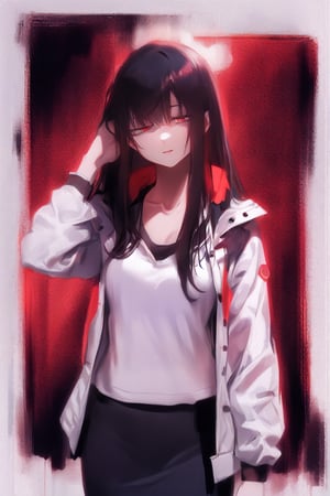1girl, solo, long hair, looking at viewer, bangs, skirt, shirt, black hair, red eyes, long sleeves, cleavage, collarbone, jacket, white shirt, cowboy shot, open clothes, black skirt, coat, black jacket, red background, pencil skirt, hand in own hair, hand on own head,Concept art