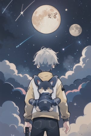 solo,  1boy,  yellow eyes,  upper body,  weapon,  male focus,  sky,  animal,  moon,  star \(sky\),  full moon,  starry sky,  dog,  space,  planet,  weapon on back,  shiba inu,Concept art,10_of_clubs