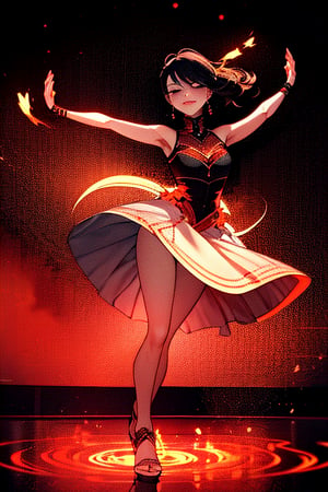 "A dancer in flames of fire". A dancer on a stage, with flames of fire bursting from her feet as she dances like a fire dance, twirling and moving in circles, as the flames curl around her legs and her feet twirl in a dance of fire and elegance. hellish choreography!