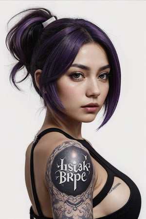 aesthetic,  2 tone,  black and white,  simplified shapes,  style mix of photography and digital art,  color pop theme,  a cute girl,  purple-hair,  violet_eyes,  tattoos,  highly detailed,  ultra detailed,  very intricate,  low poly,  abstract surreal,  Kanji,  Katakana,  artstation,  graffiti style,  comics style,  anime style