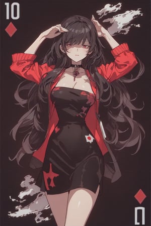 1girl, solo, long hair, looking at viewer, bangs, skirt, shirt, black hair, red eyes, long sleeves, cleavage, collarbone, jacket, white shirt, cowboy shot, open clothes, black skirt, coat, black jacket, red background, pencil skirt, hand in own hair, hand on own head,10_of_diamonds