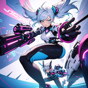 Vibrant and colorful illustration blending Overwatch and Nintendo aesthetics. A spirited girl with silver hair styled in a playful manner, wearing a futuristic suit with subtle nods to Nintendo characters. She wields a weapon reminiscent of a futuristic Nintendo gadget, surrounded by Overwatch-inspired companions in a lively, colorful setting. Lively, energetic, vibrant colors, cartoonish elements, futuristic yet playful design. Dynamic action pose, wide perspective, cel-shaded rendering, 1080p resolution