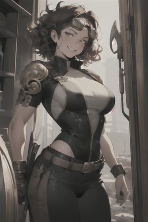 masterpiece, highly detailed character design, comic book style, perfectly centered, steampunk female engineer with goggles pushed up onto a messy mop of curly hair, Highly detailed body, Perfect arms, Tools dangle from belts, a trusty wrench is clutched in one hand, a mischievous grin, maximum details, highly detailed, sharp focus, intricate details