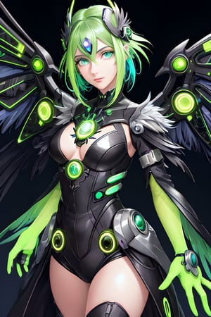 A vibrant and futuristic solarpunk harpy, ((enigmatic eyes)), her wings adorned with intricate circuitry and glowing solar panels, perches atop a decaying skyscraper. The digital painting captures every detail of her metallic feathers and neon-colored eyes, contrasting against the crumbling cityscape below. The artist's skill is evident in the lifelike textures and vibrant colors, drawing the viewer into this post-apocalyptic world.