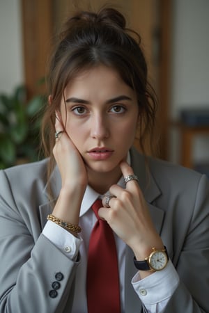 A tired-looking woman with dark circles under her eyes and a serious expression. Her light brown hair is tied back in a messy bun and her brown eyes seem to always be focused on something other than the conversation. She wears a light grey suit jacket and a rumpled white blouse, with a red silk tie that looks a little untied. Her hands are covered in rings and bracelets, and she wears a fancy wristwatch on her left wrist.