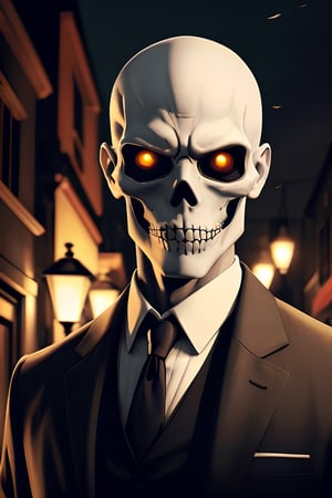 high detail, colorful, sugar skull man, white thin bald man, hitman style, night atmosphere at Halloween