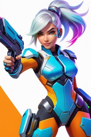 Vibrant and colorful illustration blending Overwatch and Nintendo aesthetics. A spirited girl with silver hair styled in a playful manner, wearing a futuristic suit with subtle nods to Nintendo characters. She wields a weapon reminiscent of a futuristic Nintendo gadget, surrounded by Overwatch-inspired companions in a lively, colorful setting. Lively, energetic, vibrant colors, cartoonish elements, futuristic yet playful design. Dynamic action pose, wide perspective, cel-shaded rendering, 1080p resolution