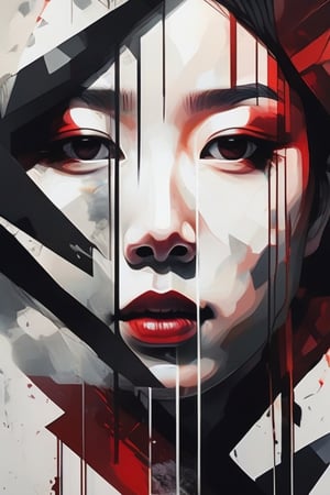 aesthetic, 2 tone, black and white, simplified shapes, figurative, style mix of acrylic painting, watercolor, oil painting, photography, digital art,   brush strokes, dark red color pop, a gorgeous young asian girl, highly detailed , ultra detailed, very intricate, low poly, abstract surreal, Kanji , Katakana ,  niji style, graffiti style,  comics style, anime style 