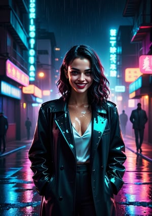 A gangster mafia boss girl with a sarcastic expression and a maniac smile, standing in a dimly lit city at night, neon lights reflecting off wet pavement, casting an eerie, cinematic glow