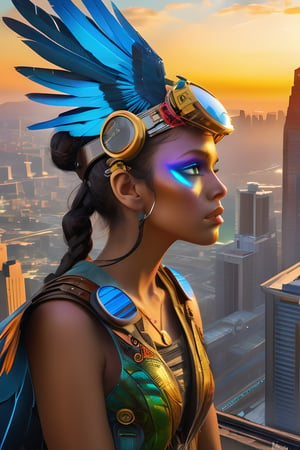 A vibrant and futuristic solarpunk harpy, ((enigmatic eyes)), her wings adorned with intricate circuitry and glowing solar panels, perches atop a decaying skyscraper. The digital painting captures every detail of her metallic feathers and neon-colored eyes, contrasting against the crumbling cityscape below. The artist's skill is evident in the lifelike textures and vibrant colors, drawing the viewer into this post-apocalyptic world.