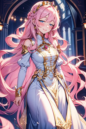 Princess with long, wavy golden hair that falls gently over her shoulders. Her blue eyes shine with a warm, kind light, and her smile can light up an entire room. She wears a pale pink silk dress, adorned with delicate lace, and a crown of fresh flowers on her head. Her figure is slender and elegant, with a regal bearing that makes her stand out anywhere.