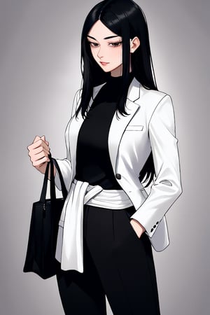 A tall, athletic woman with long, black hair that reaches her waist. I wear a black and white suit that makes me stand out anywhere. My brown eyes look piercing. My physique is toned. I always carry a black handbag.