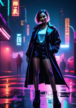 A gangster girl with a sarcastic expression and a maniac smile, standing in a dimly lit city at night, neon lights reflecting off wet pavement, casting an eerie, cinematic glow