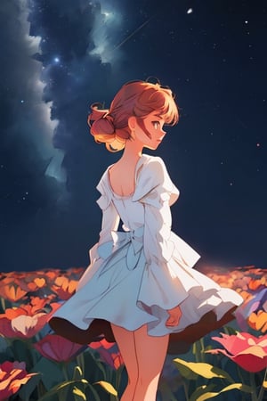 {{A serene depiction of a girl from behind}} as she stands under a starry night sky, gazing upward in wonder. This is a tranquil and introspective-inspired image that captures the girl's sense of awe and connection with the universe. The environment/background should be an open field with a clear view of the star-filled sky, creating a peaceful atmosphere. The image should be in the style of a soft and ethereal photograph, incorporating elements of astrophotography by Annie Leibovitz. The medium shot, captured with a medium telephoto lens, will provide a balanced view of the girl and the expansive night sky. The lighting should be gentle moonlight and the faint glow of stars, emphasizing the dreamlike quality. The desired level of detail is moderately intricate, with a high-resolution rendering that brings out the girl's silhouette and the starry expanse. The goal is to create an image that invites viewers to share in the girl's sense of wonder.