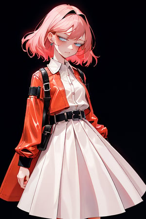 A 16-year-old girl with a slim figure and average height. She has platinum reddish hair and bright amber eyes. Her skin is pale, with a hint of tan. She wears a white and pink designer dress, with a black leather belt. Her appearance is that of a privileged person, but her expression is one of boredom and discontent.