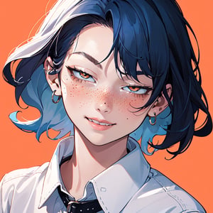 1girl, solo, looking at viewer, smile, short hair, simple background, shirt, long sleeves, jewelry, blue hair, white shirt, multicolored hair, parted lips, teeth, collared shirt, lips, orange eyes, glowing, ring, black background, portrait, freckles, realistic, nose