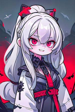 (modern clothing),  (light_gray long hair:1.3),  (longhairstyle:1.4), red eyes, detailed eyes, 1 woman,  (bright eyes),  best quality,  extremely detailed,  HD,  8k, 1 girl,  ((evil_smile)),  ((evil eyes)),  dark landscape,  gothic background,retro,