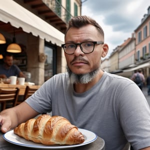 Ultra-realistic and highly detailed portrait of a man sitting at a table in a European-style outdoor café on a cloudy day. He is wearing casual clothes, has short hair, a beard, and glasses. On the table, there is a beautiful porcelain cup with steaming hot coffee, a plate with a croissant, and a slice of bread. People are walking by on the street in the background. The image should be rendered in exquisite detail, with precise textures, lighting, and shading, evoking a sense of realism and intimacy. Style: photorealistic, medium: digital art, subject: everyday life, atmosphere: cozy and serene.,gutto2024abr