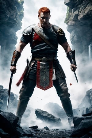 red-haired warrior of the middle stone age man fighting to survive with futuristic weapons, intrincate,  8km, guttojugg1