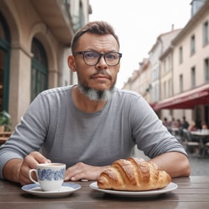 Ultra-realistic and highly detailed portrait of a man sitting at a table in a European-style outdoor café on a cloudy day. He is wearing casual clothes, has short hair, a beard, and glasses. (((On the table, there is a beautiful porcelain cup with steaming hot coffee, a plate with a croissant, and a slice of bread))). People are walking by on the street in the background. The image should be rendered in exquisite detail, with precise textures, lighting, and shading, evoking a sense of realism and intimacy. Style: photorealistic, medium: digital art, subject: everyday life, atmosphere: cozy and serene.,gutto2024abr