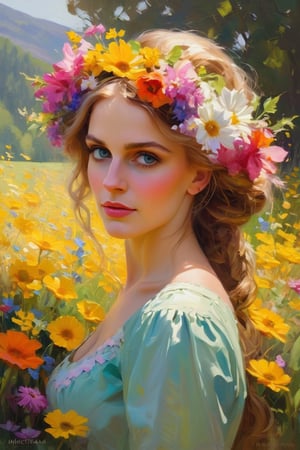 a woman dressed in flowers with flowers in her hair, in the style of artgerm, vibrant palette knife, franciszek starowieyski, michael malm, captures the essence of nature, sun-kissed palettes,