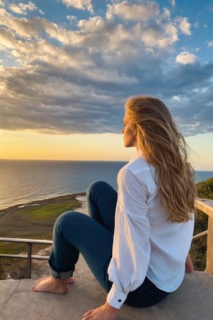 1girl, solo, long hair, blonde hair, brown hair, shirt, sitting, white shirt, outdoors, sky, pants, cloud, water, from behind, blue sky, ocean, black pants, cloudy sky, denim, scenery, sunset, jeans, stairs, horizon, facing away