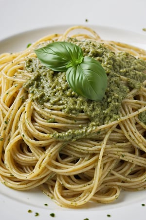 Extreme close-up, a plate of spaghetti with pesto genovese sauce, photorealistic, in the style of high quality food photography