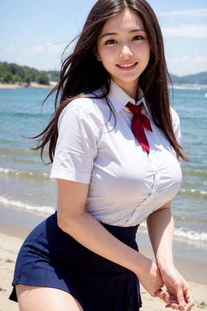 1woman, middle breasts, school uniform, big breasts, posing, happy, sea, sunlight, cute, sexy, young, very long hair, best quality, ultra high res, (photo realistic:1.4), 