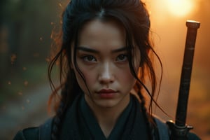 realistic photo,cimenatic style,chiarosaurio, depth of field, cinematic ligth, film, sharp focus
a realistic scene featuring 
female Japanese ronin, heroine, samurai, portrait,