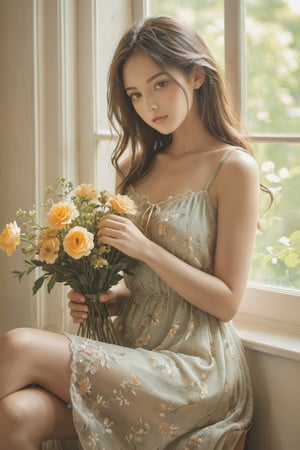 a beautiful girl in a summer dress sitting by a window holding flowers, Delicate depiction, light amber, soft tones, Incredible beauty,