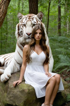 1girl, solo, long hair, brown hair, dress, brown eyes, sitting, white dress, nature, forest, head rest, rock, realistic, tiger, white tiger