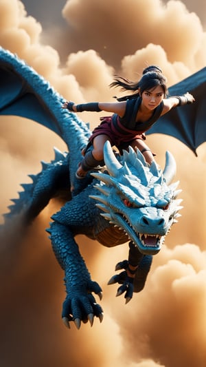 Epic realistic, (darkshot:1), 1girl, ninja floating, flying, surfing on a dragon's head, textured clothing, dragon head, billowing smoke, (((sandstorm))), (flying stone), (( ( Powder Blasting: 1) ), wind, (motion blur), Realistic, alone_focus, (Dark_Background Story), 3D Model.